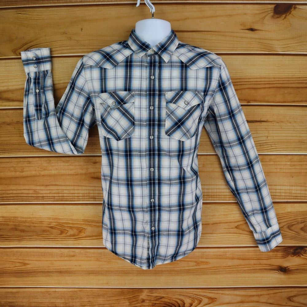 Old Navy Western Shirt Pearl Snap Slim Fit Mens S Multicolor Plaid Cotton Collar